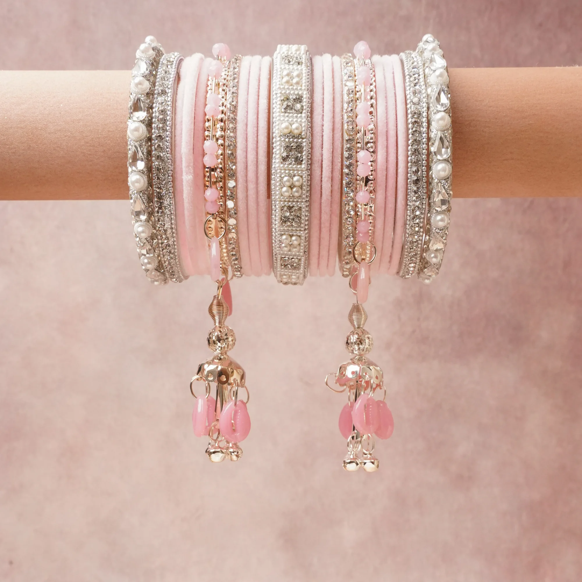 A majestic Blush Pink set, complemented by White, Clear, Rose Pink featuring Velvet Fabric, Silver-toned Metal, Simulated Pearls, Glass Crystals, Rose Pink Resin/Glass Beads.
Rich, ceremonial, and designed to be passed through generations.